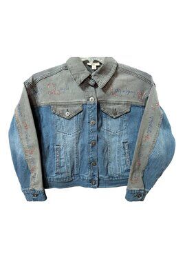 Hand-Painted Denim Jacket w/ Armenian Alphabet & Pomegranate Art sz Petite Small